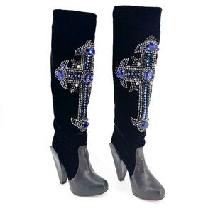 Versace Crystal Cross Knee High Boots EU 37 US 7 Black Velvet High Heel Platform